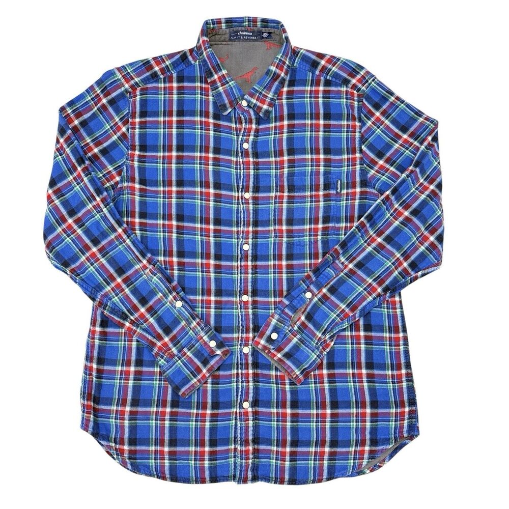 Chubbies Flip It & Reverse It Pearl Snap Shirt Mens Size‎ Large Plaid Dinosaur